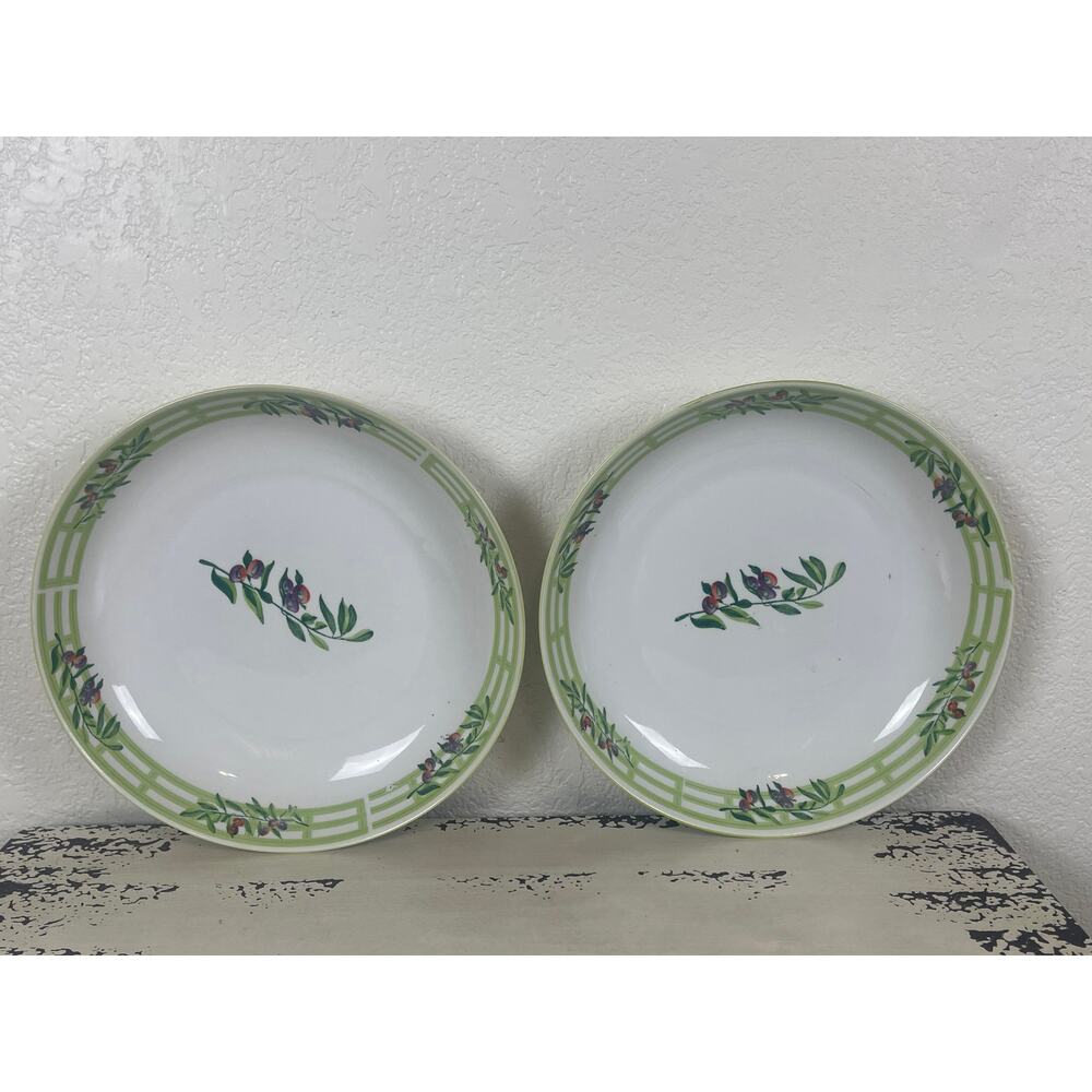 Set of 2 Large Ceramic Serving Bowls Green Floral Pattern